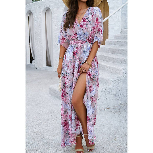 Floral Print V Neck Waist Cinched Split Long Dress: PINK / XL
