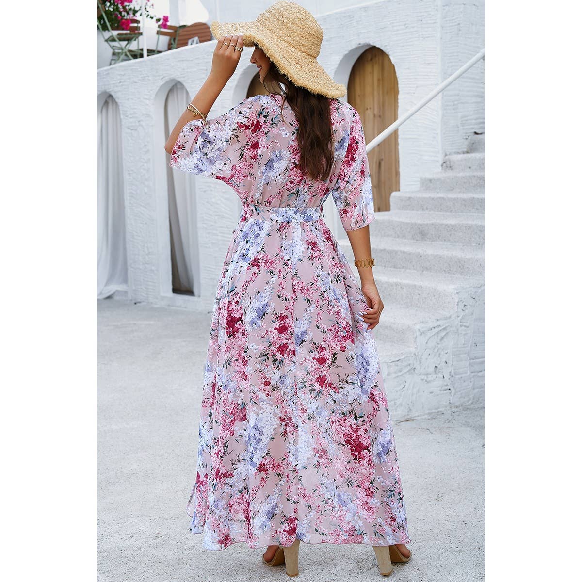 Floral Print V Neck Waist Cinched Split Long Dress: PINK / XL