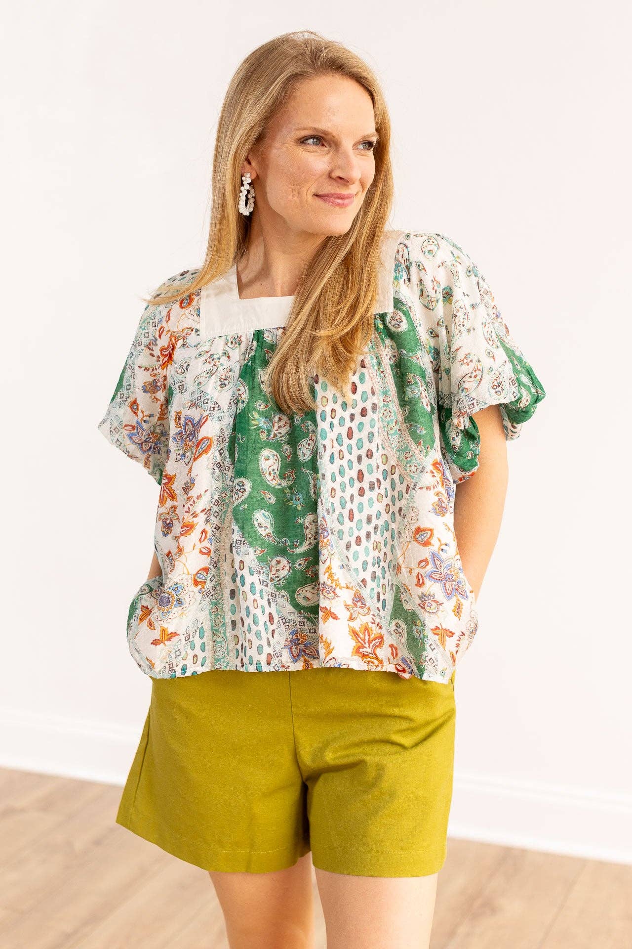 The Rosemary Ivory & Green Square Neck Puff Blouse: Green / Small