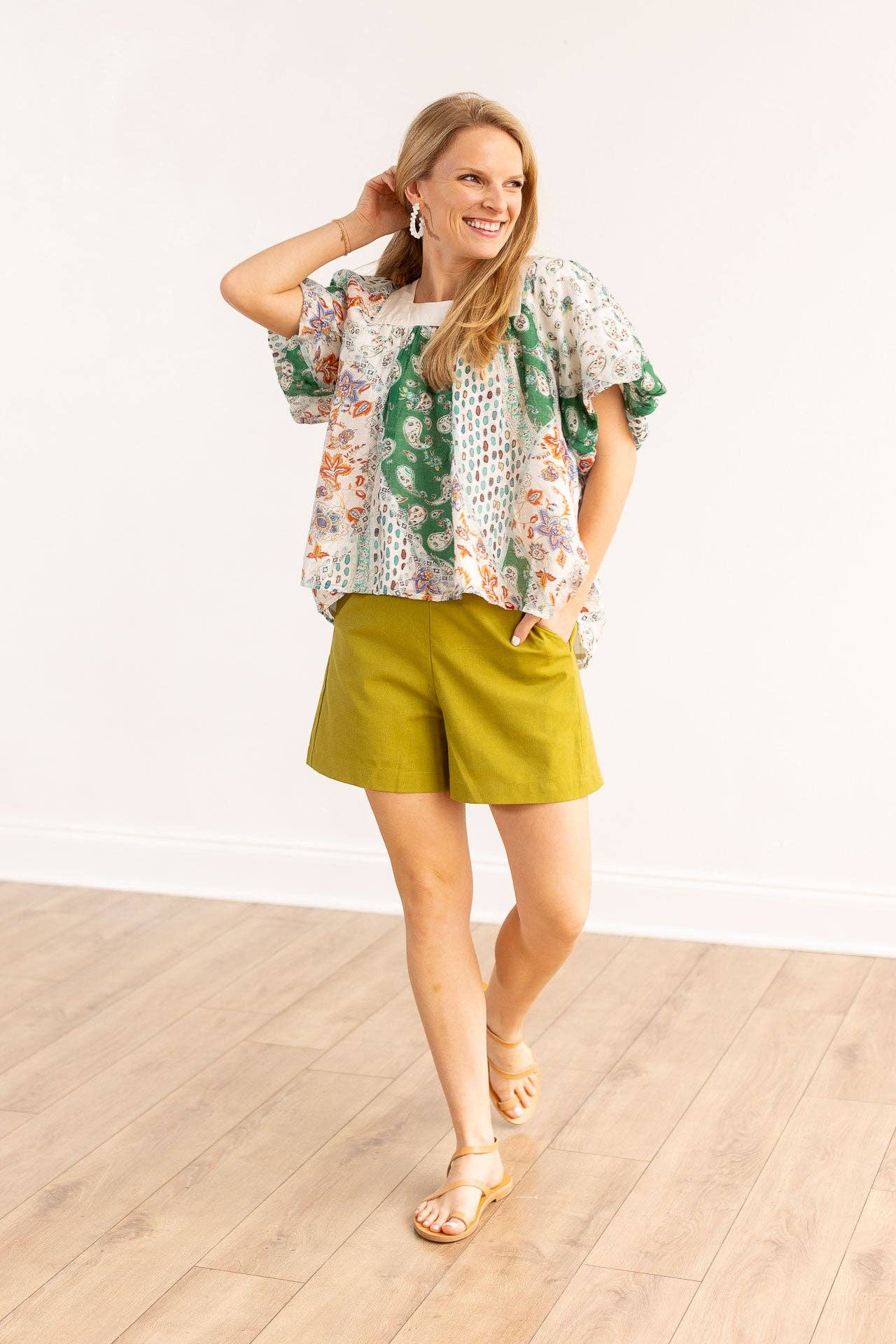 The Rosemary Ivory & Green Square Neck Puff Blouse: Green / Small