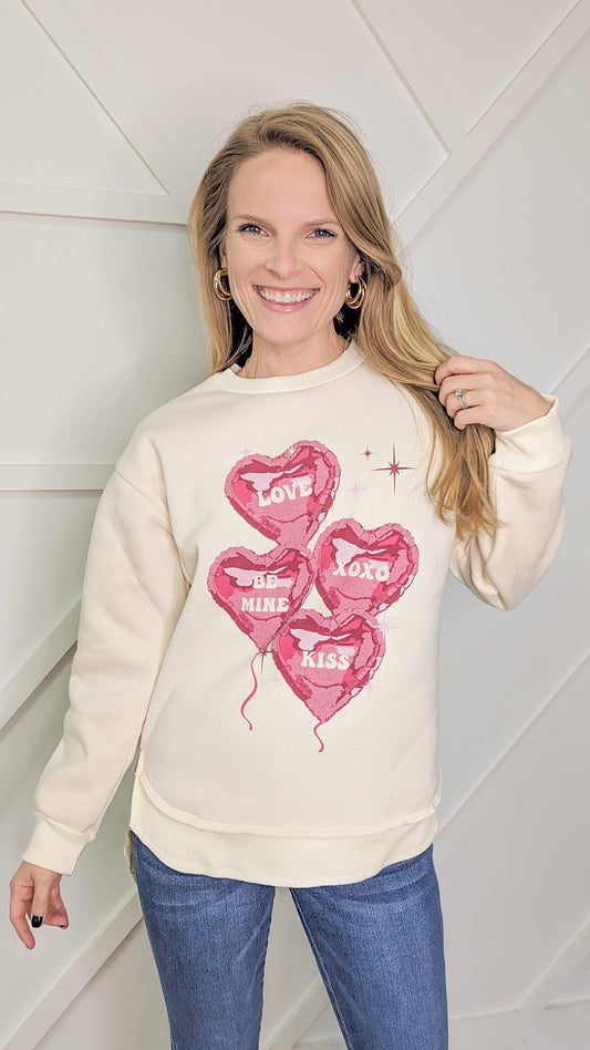 Pink Hearts on Ivory French Terry Sweatshirt With Ribbed Knit: Beige / XS