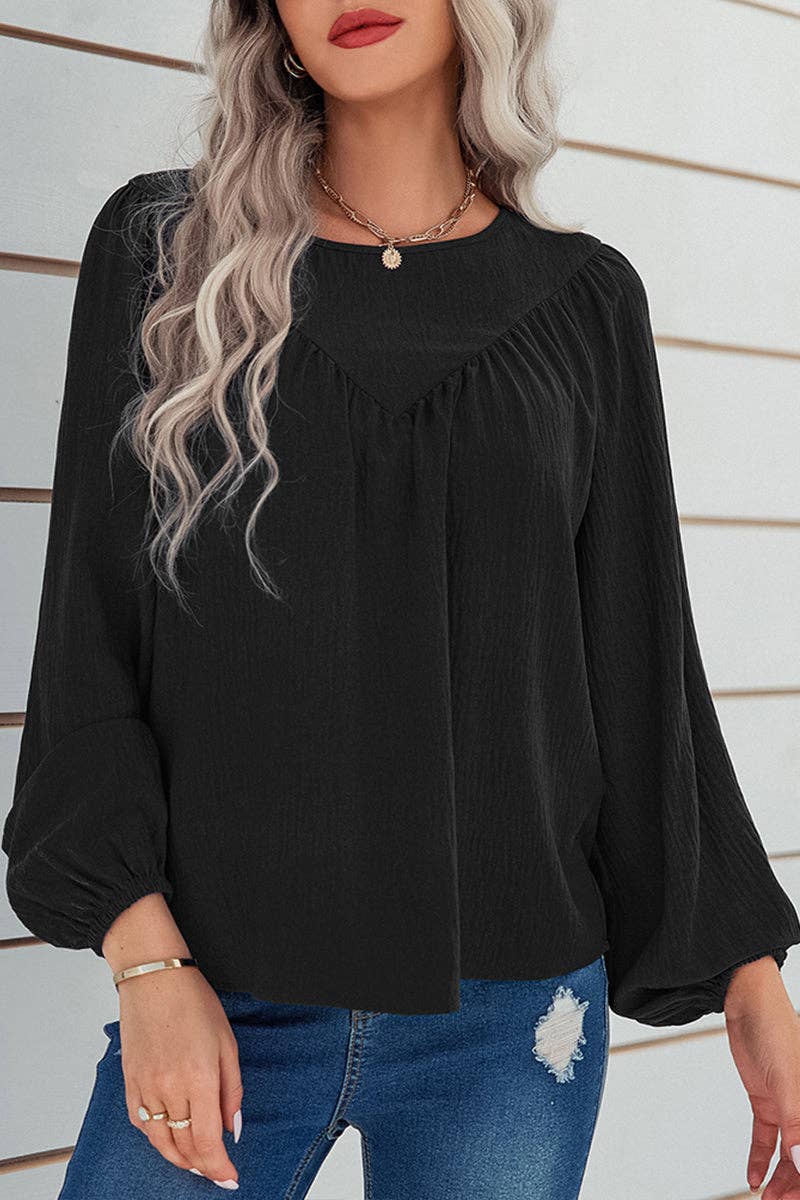 Crew Neck Solid Long Lantern Sleeve Shirt: BEIGE / M