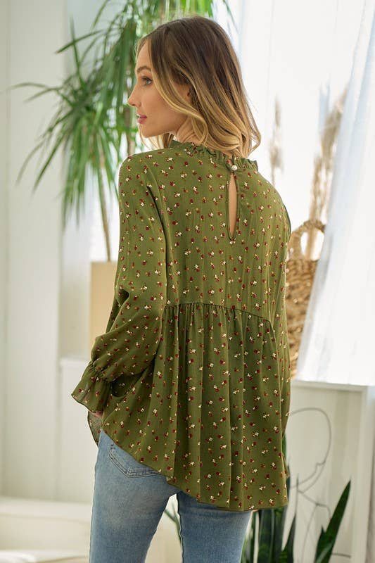 Floral mock neck blouse Green