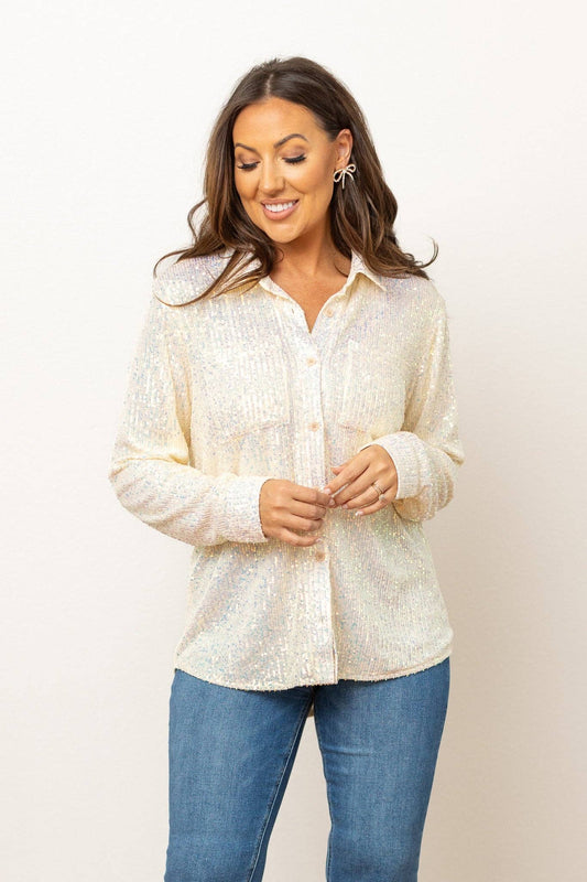White Sequins Button Down  XL