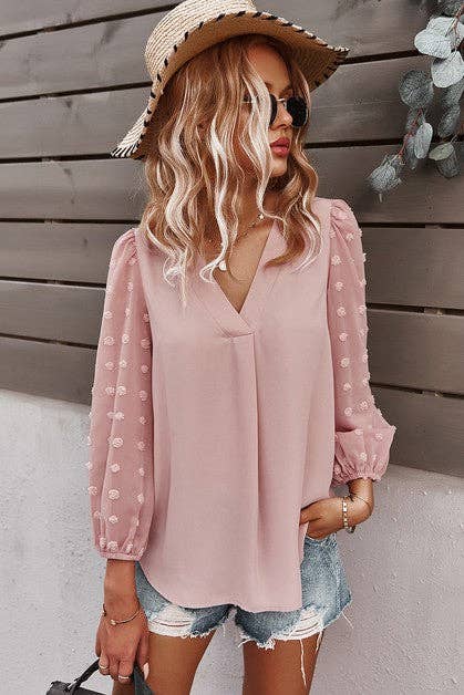Solid V Neck Lantern Sleeve Swiss Dot Shirt: PINK / L