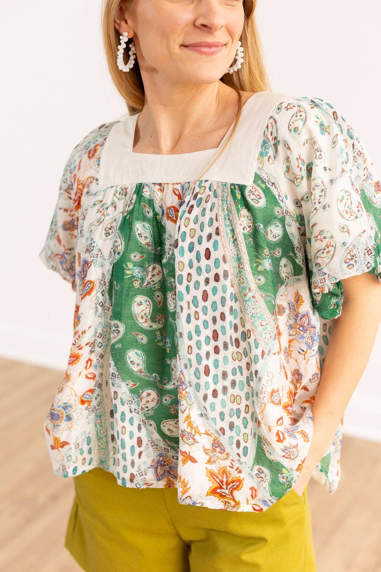 The Rosemary Ivory & Green Square Neck Puff Blouse: Green / Small