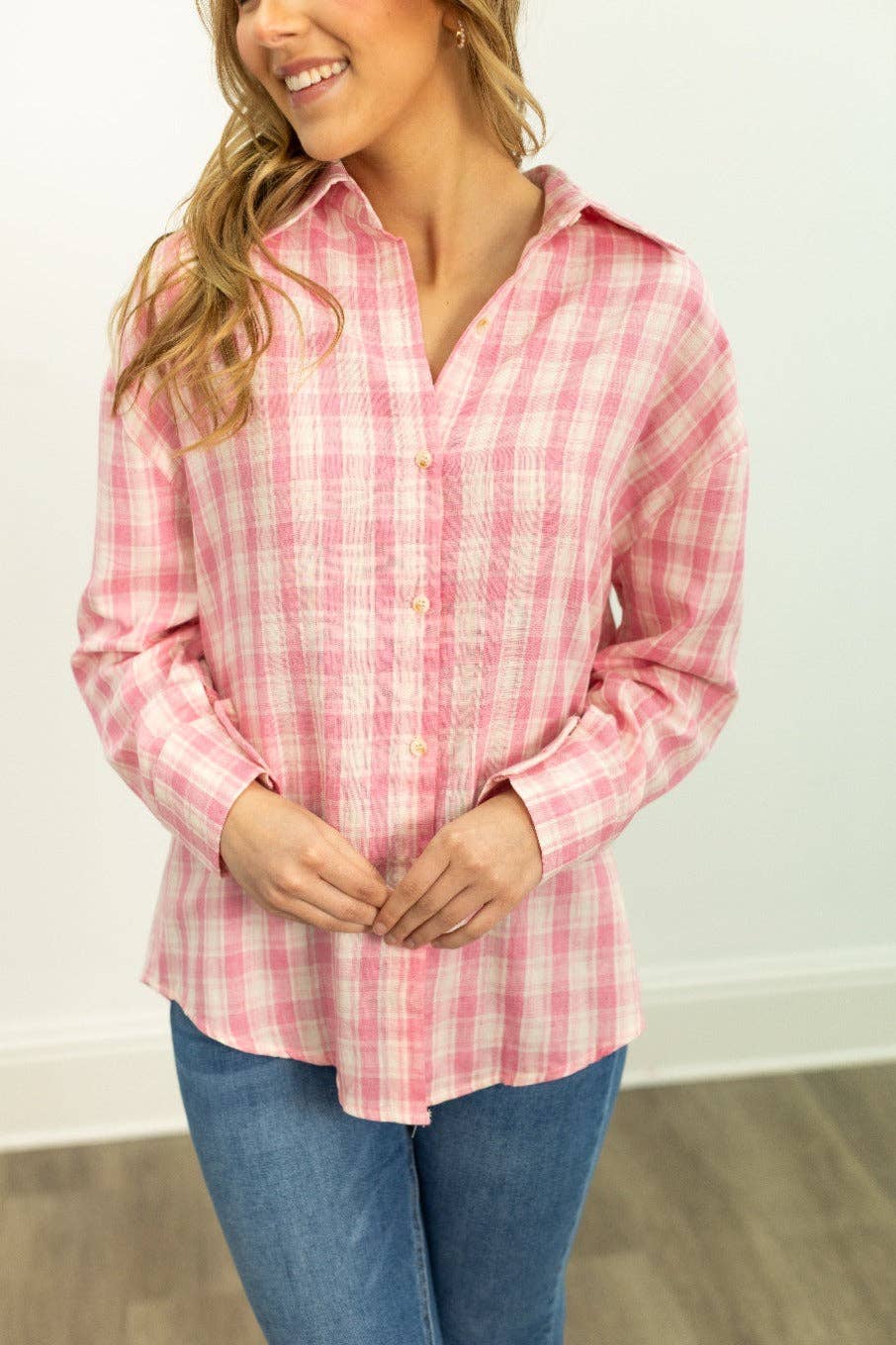 The Kathryn Button-Up, Pink Plaid: Pink / XL