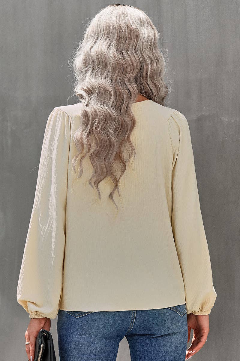 Crew Neck Solid Long Lantern Sleeve Shirt: BEIGE / M