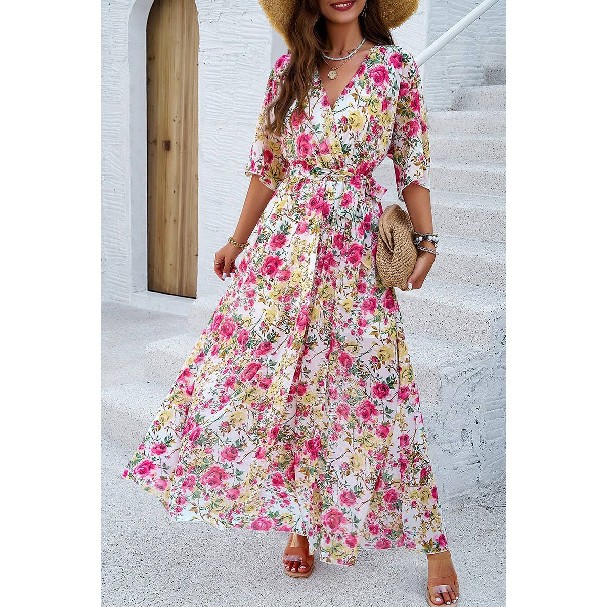 Floral Print V Neck Waist Cinched Split Long Dress: PINK / XL