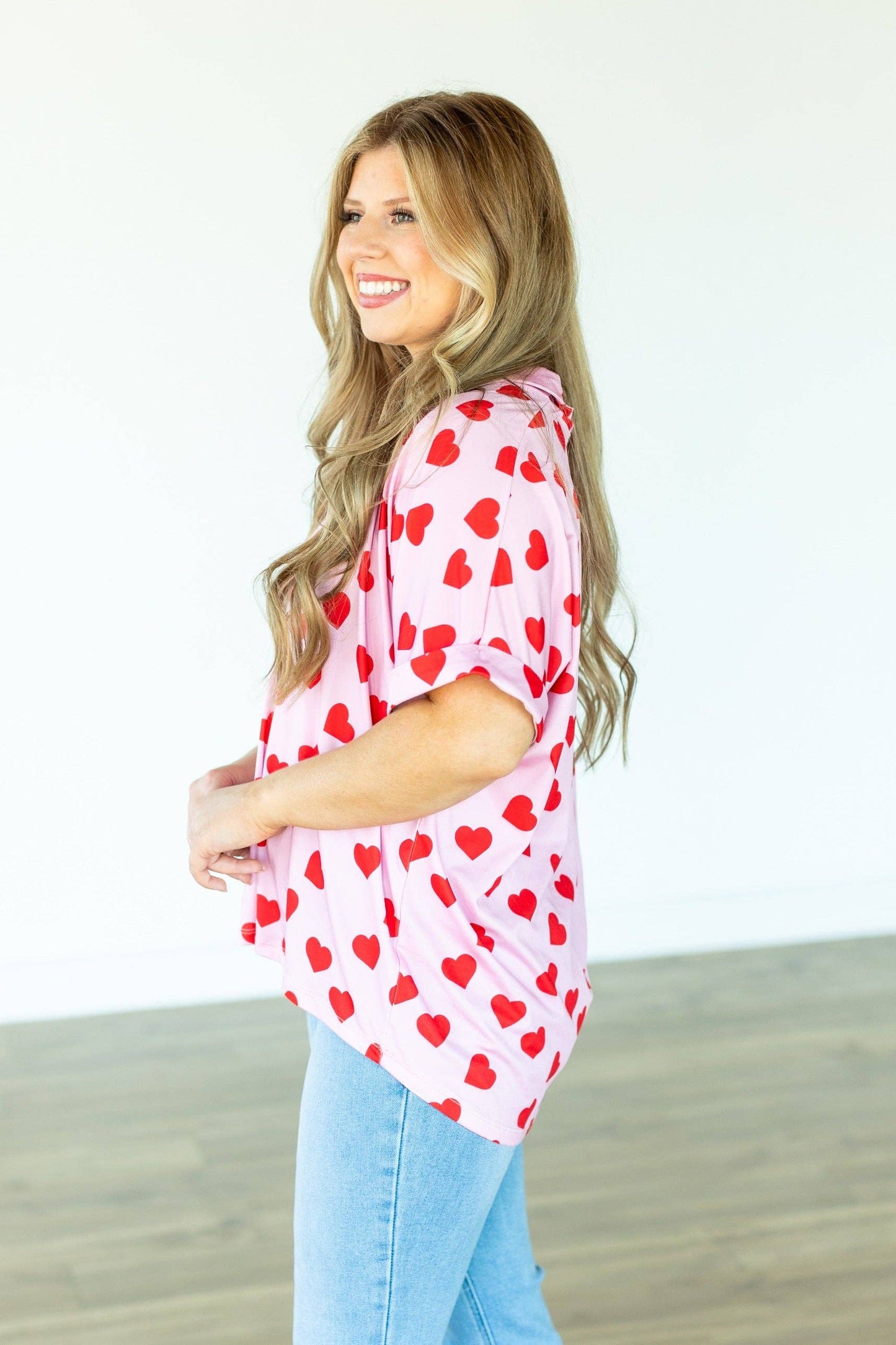 Cara Collared Top, Heart Print: Pink / XS