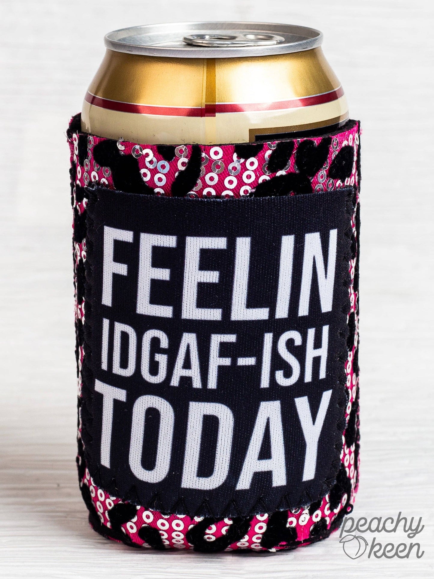 Feelin IDGAF-ISH Today Sequin Can Cooler: Leopard / One Size