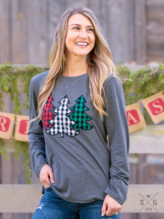 The Festive Forest Tree Patches on Charcoal Longsleeve: Grey / Small