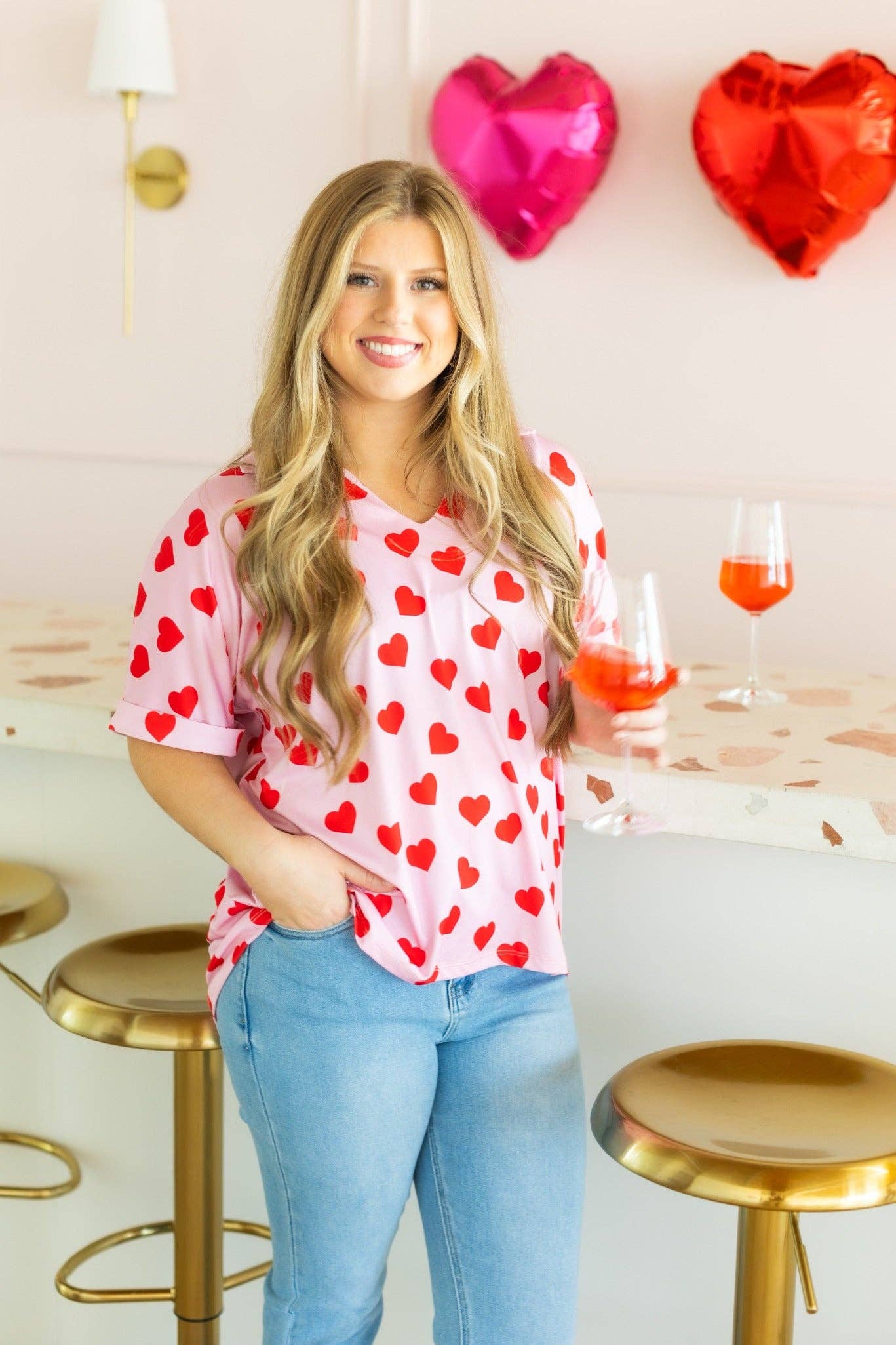 Cara Collared Top, Heart Print: Pink / XS