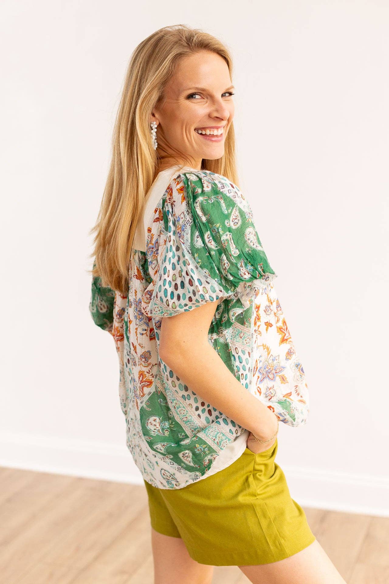 The Rosemary Ivory & Green Square Neck Puff Blouse: Green / Small