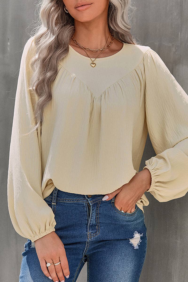 Crew Neck Solid Long Lantern Sleeve Shirt: BEIGE / M