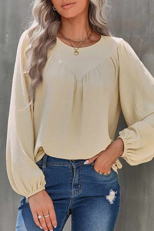 Crew Neck Solid Long Lantern Sleeve Shirt: BEIGE / M