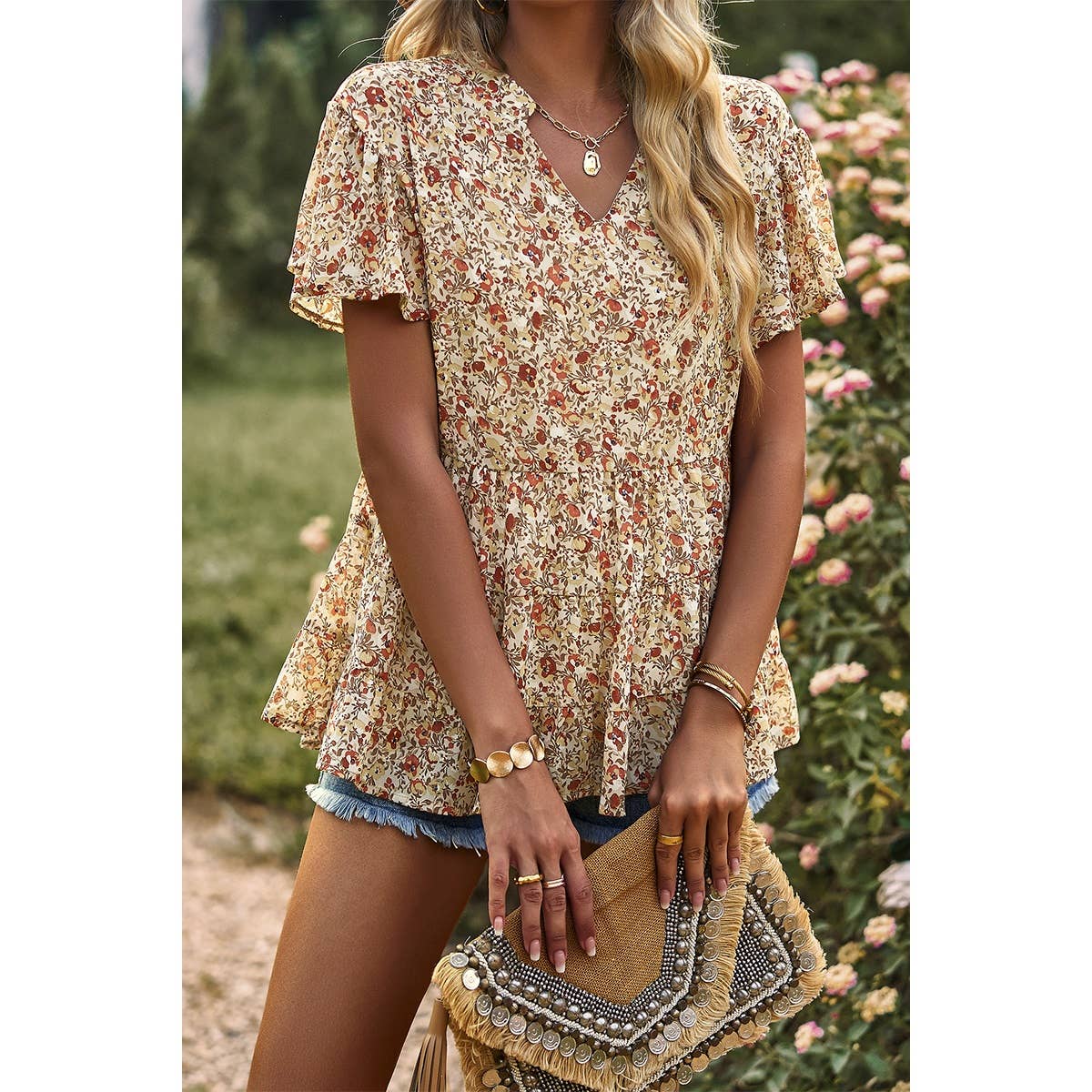 Fall Floral Short Sleeve Blouse  LARGE