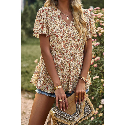 Fall Floral Short Sleeve Blouse  LARGE