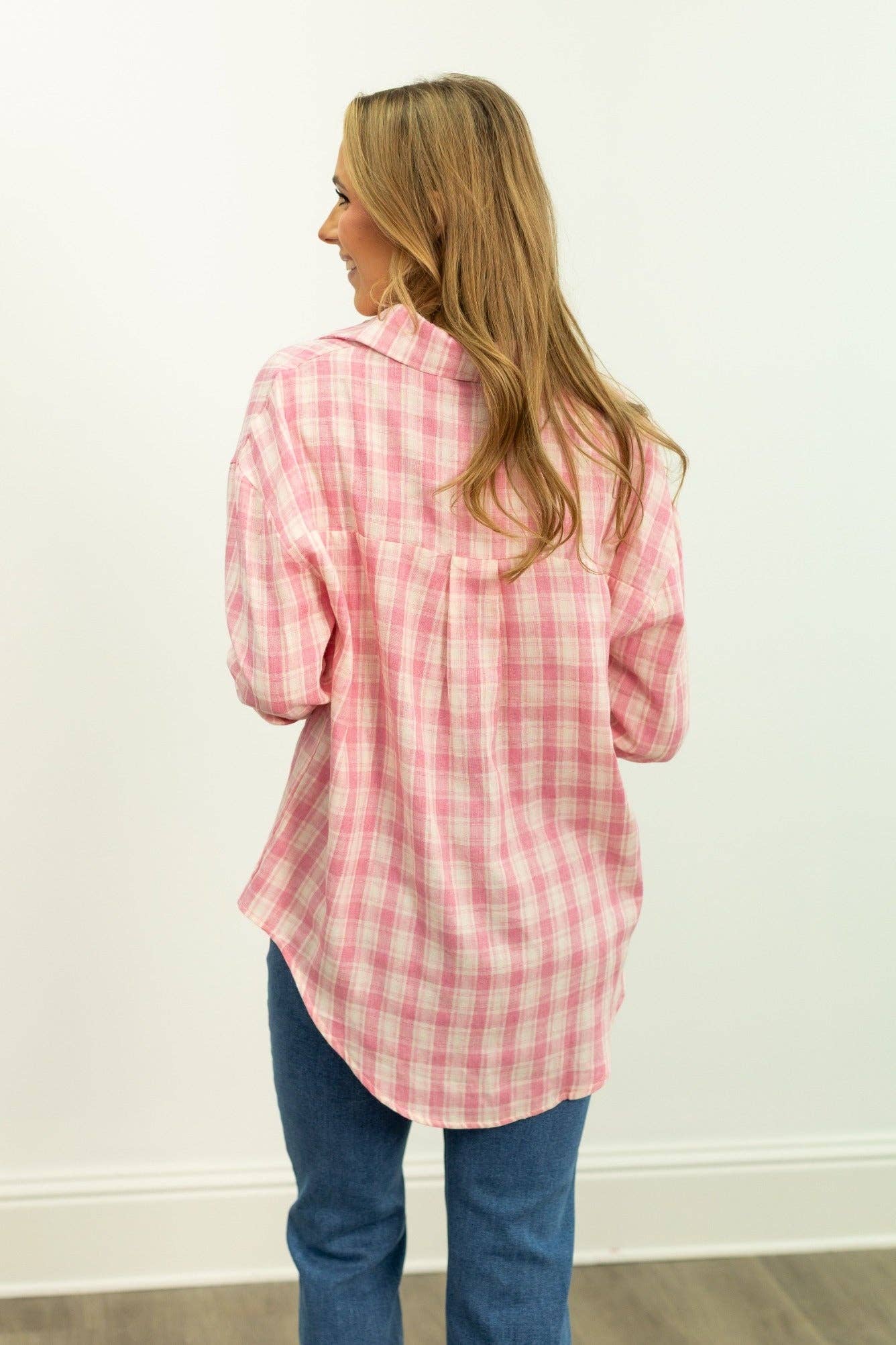 The Kathryn Button-Up, Pink Plaid: Pink / XL