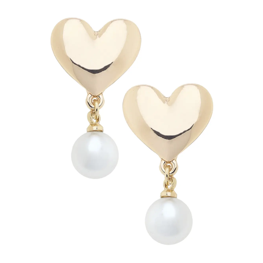 Minnie Heart Pearl Drop Earrings in Shiny Gold