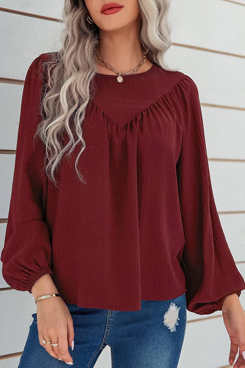 Crew Neck Solid Long Lantern Sleeve Shirt: BEIGE / M