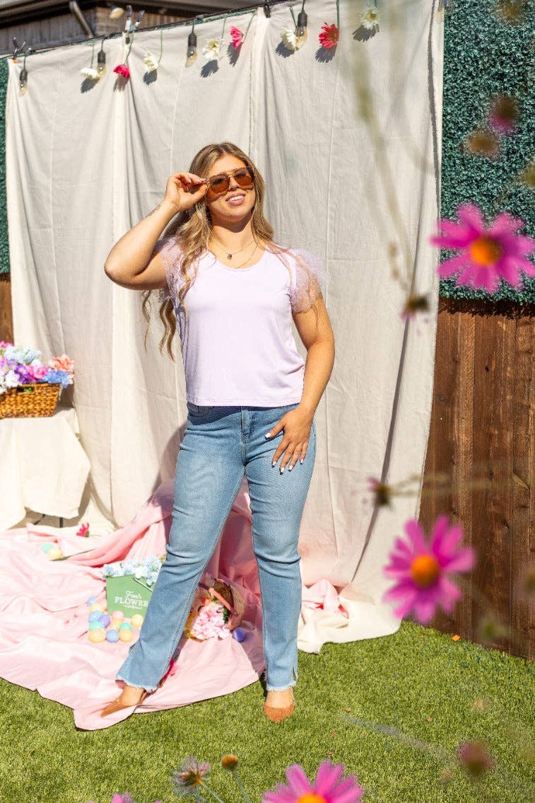 Tulle Sleeve Top, Lavender: Purple / S