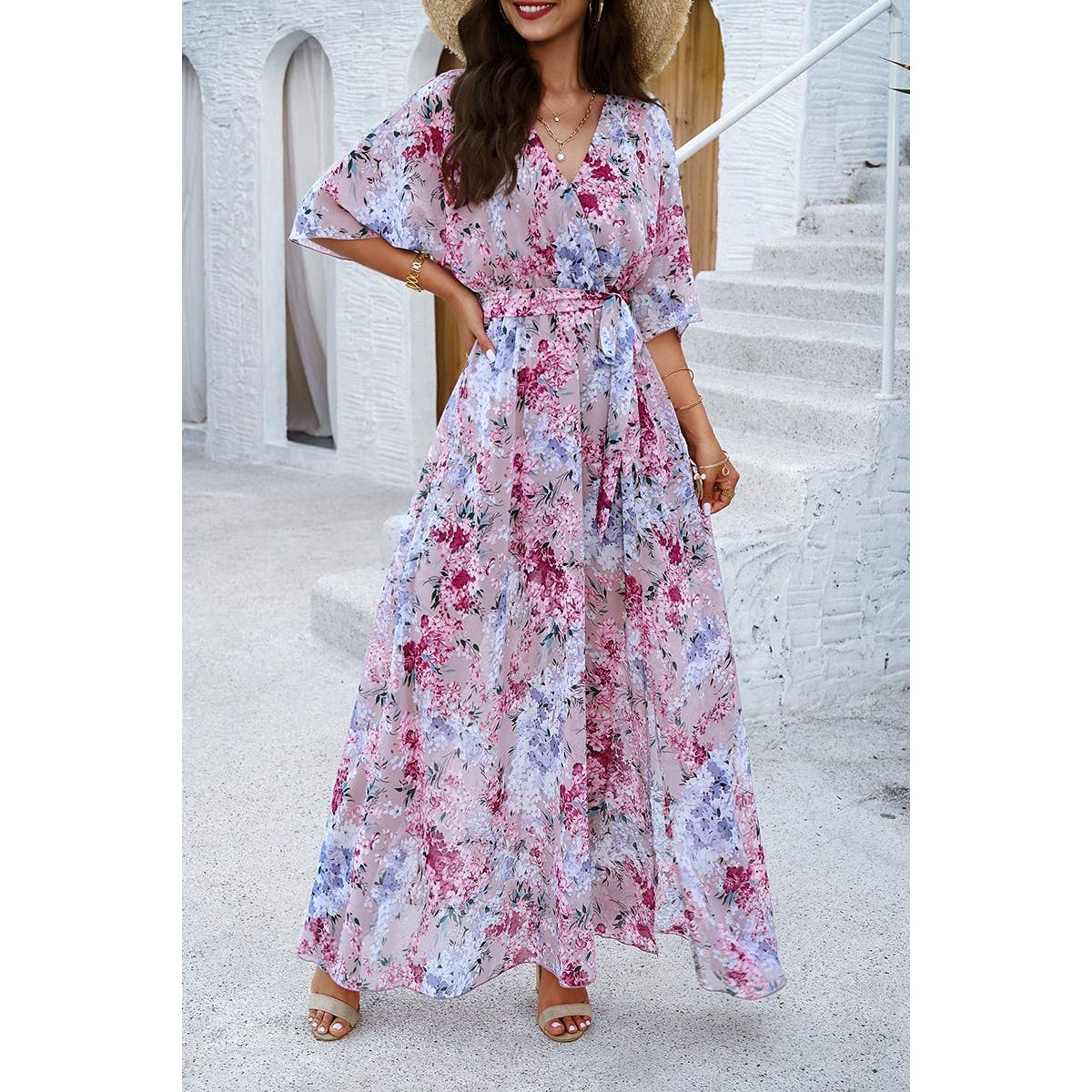 Floral Print V Neck Waist Cinched Split Long Dress: PINK / M