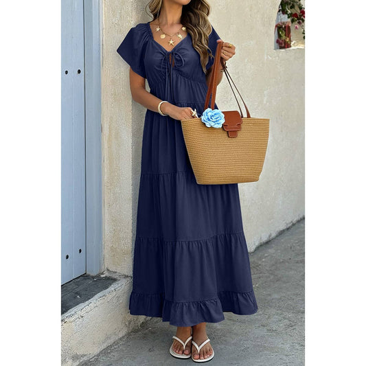 Cross Pockets Ruffle Hem Dress: NAVY / S
